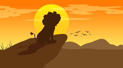 Wall Mural - Lion silhouette at savanna forest