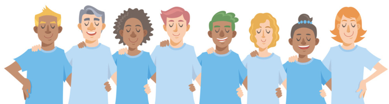 Smiling diverse people arms around each other's shoulders. Concept of teamwork, diversity, friendship. Vector illustration in flat cartoon style.