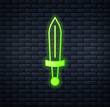 Glowing neon Medieval sword icon isolated on brick wall background. Medieval weapon. Vector