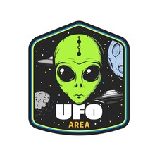 UFO Area Icon With Green Alien Face. Galaxy Monsters, Extraterrestrial Life And Space Aliens Vector Badge Or Retro Emblem. Vintage Sticker With Flying Saucers Spaceships In Outer Space