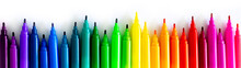 Felt-tip Pens On A White Background. Multi-colored Markers Are Beautifully Folded By The Color Of The Rainbow. Creativity And Design Concept.