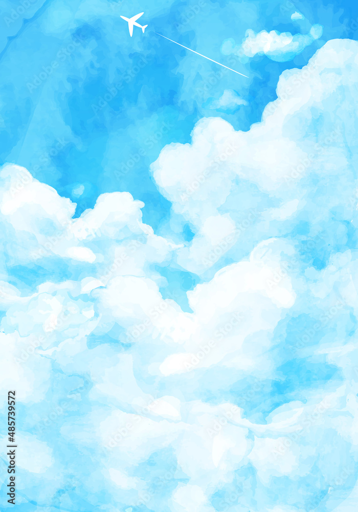 青空と飛行機雲と入道雲の水彩のベクターイラスト背景 の Stock
