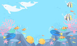 Fototapeta Do akwarium - 海中の熱帯魚とイルカのベクターイラスト背景(コピースペース )