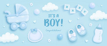 Baby Shower Horizontal Banner With Cartoon Baby Carriage, Bib, Bottle, Helium Balloons And Clouds On Blue Background. It's A Boy. Vector Illustration