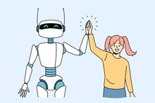Friendship With Artificial Intelligence Concept. Smiling Girl Standing And Shaking Hands With White Robot Bot Being Friends Vector Illustration 