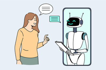 Artificial intelligence and technologies concept. Smiling girl standing and looking at smartphone screen with white robot bot communicating with her vector illustration 