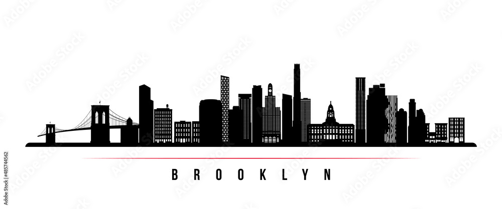 Brooklyn skyline horizontal banner. Black and white silhouette of ...