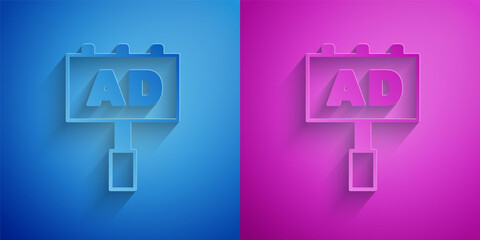 Poster - Paper cut Advertising icon isolated on blue and purple background. Concept of marketing and promotion process. Responsive ads. Social media advertising. Paper art style. Vector