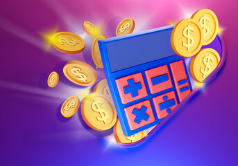 Poster - Calculator and gold coins. Concept of personal financial accounting. Accounting for personal income and expenses. Calculator on purple background. Personal accounting. Bookkeeping own money. 3d image