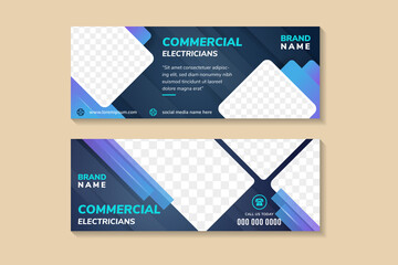 Poster - collection of commercial electricians using multicolor blue. banner template design with horizontal layout. diagonal bright blue on element. space for photo collage and text.