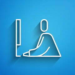 Sticker - White line Student working at laptop icon isolated on blue background. Workplace concept. Long shadow. Vector Illustration