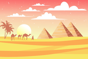 Wall Mural - Desert landscape with pyramids and caravan