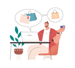 Poster - Man doing shopping online, buying on sale through internet. Buyer with card at laptop computer. Customer making purchases, using technology. Flat vector illustration isolated on white background