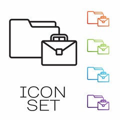 Poster - Black line Online working icon isolated on white background. Freelancer man working on laptop at his house. Remote work. Distant job concept. Set icons colorful. Vector