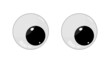 Wobbly plastic eyes. Googly eyes for toy. Puppet eyeballs. Cartoon glossy round eyes isolated on white background. Look down left. Crazy, silly and fun icon. Vector