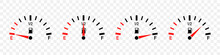 Fuel Gauge. Full, Half Level And Empty Tank. Guage Meter Of Petrol And Gas On Dashboard. Gage Gasoline In Car. Set Of Icons For Automobile Isolated On Transparent Background. Vector