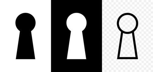 Poster - Keyhole icon. Door key hole. Shape of lock of door. Black, white and outline icons isolated on transparent background. Pictogram of keyhole. Logo for home and entrance. Vector