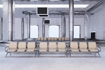 Poster - Luxury airport waiting area concrete hallway interior with windows and city view, seats and columns. 3D Rendering.