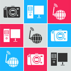 Canvas Print - Set Mirrorless camera, Computer monitor and Social network icon. Vector