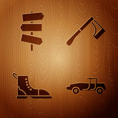 Wall Mural - Set Car, Road traffic signpost, Hiking boot and Wooden axe on wooden background. Vector