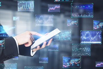 Aufkleber - Close up of businessman hand pointing at tablet with various forex screens on blurry background. Cryptocurrency, bticoin trading and finance concept. Double exposure.