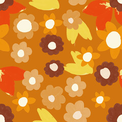 Poster - Hand painted flowers in retro color vector seamless repeat pattern print background