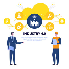 Poster - vector banner of smart industry 4.0 concept. engineers work remotely in automated production with wi