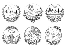 Set Of Mountain Landscape With Flower Wreath. Collection Of Wild Nature Frame With Lake, Moon, Rocks, Sunset. Tourism. Vector Illustration Of Hiking On A White Background.
