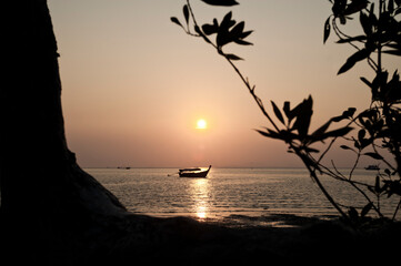 Poster - Traditional Thai Boat Silhouetted at Sunrise at Popular East Railay Beach, South Thailand, Southeast Asia