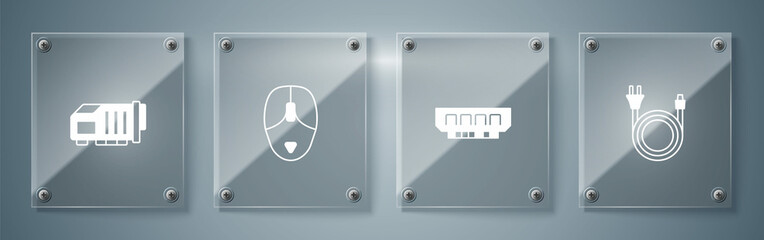 Set Electric plug, RAM, random access memory, Computer mouse and Video graphic card. Square glass panels. Vector