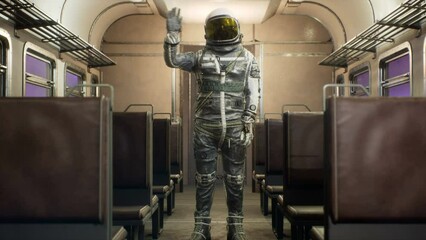 Wall Mural - The astronaut is waving, on an interstellar space train hurtling at superluminal speed. The concept of fantasy space travel. The animation is perfect for space, fantasy and sci-fi backgrounds.