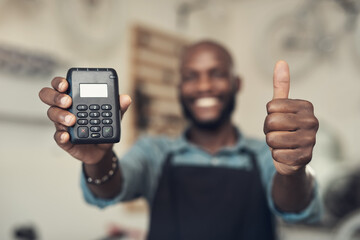 Aufkleber - Were Covid safe. Shot of an unrecognizable man standing in his shop and holding a card machine while doing a thumbs up gesture.