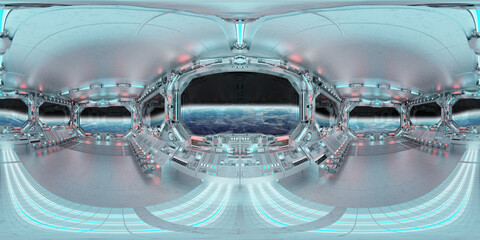 HDRI panoramic view of white blue spaceship interior with windows. High resolution 360 degrees panorama reflection mapping of a futuristic spacecraft 3D rendering