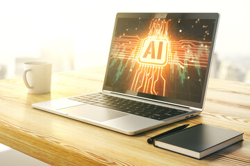 Aufkleber - Creative artificial Intelligence symbol concept on modern laptop screen. 3D Rendering