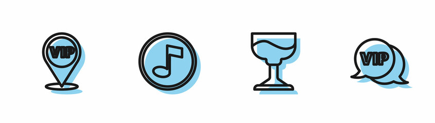 Sticker - Set line Cocktail, Location Vip, Music note, tone and in speech bubble icon. Vector