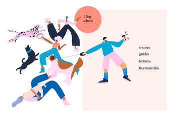 dog and owner. dog behavior, training school concept. vector illustration, website banner template