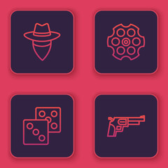 Canvas Print - Set line Cowboy, Game dice, Revolver cylinder and gun. Blue square button. Vector