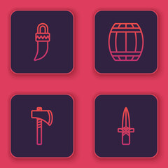 Poster - Set line Tooth, Tomahawk axe, Gun powder barrel and Dagger. Blue square button. Vector