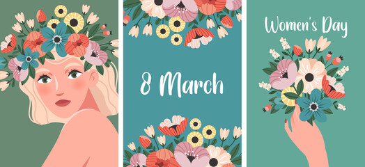 Set of postcards for women's day.Beautiful woman with a flower wreath,bouquet of spring flowers, flower frame. 