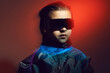 © saulich84 - blur portrait cyberpunk boy child in vr glasses in blue and red tones with wires on a red background