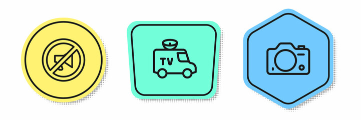 Sticker - Set line Censored stamp, TV News car and Photo camera. Colored shapes. Vector