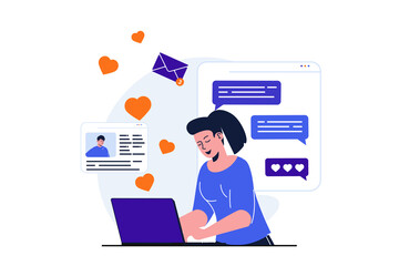 Aufkleber - Social network modern flat concept for web banner design. Woman makes romantic correspondence with man and sending hearts in online dating application. Vector illustration with isolated people scene