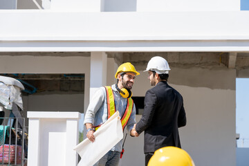 Aufkleber - Businessman and Engineer discussing architect project at construction site,Development and construction industry concept.