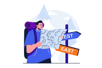 Aufkleber - Traveling modern flat concept for web banner design. Man tourist with backpack looking at map and chooses direction of hiking route at sign post. Vector illustration with isolated people scene
