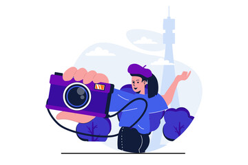 Poster - Traveling modern flat concept for web banner design. Woman traveler making selfie on camera posing at Eiffel tower in Paris, sightseeing in travel. Vector illustration with isolated people scene