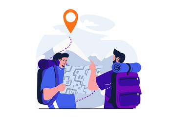 Aufkleber - Traveling modern flat concept for web banner design. Woman tourist looks at map with trekking route, man backpacker points to mountain top and hiking. Vector illustration with isolated people scene