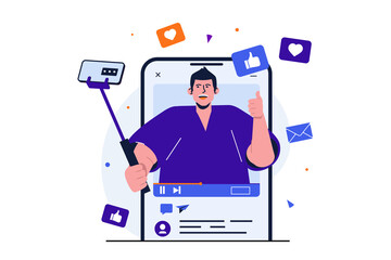 Aufkleber - Video blogging modern flat concept for web banner design. Man with selfie stick records vlog on smartphone camera or broadcasts live to followers. Vector illustration with isolated people scene