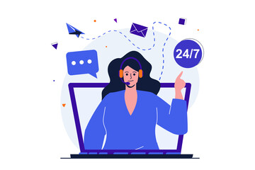 Leinwandbilder - Virtual assistant modern flat concept for web banner design. Woman in headset answers emails and helps solve problems around clock. Client support. Vector illustration with isolated people scene