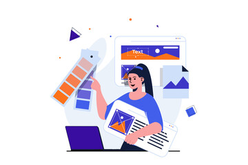 Fototapete - Web designer modern flat concept for web banner design. Woman draws graphic element, selects colors on palette, creates and optimizes layout of site. Vector illustration with isolated people scene