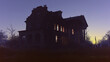 Creepy illuminated abandoned historic country house at sunset. 3D render.